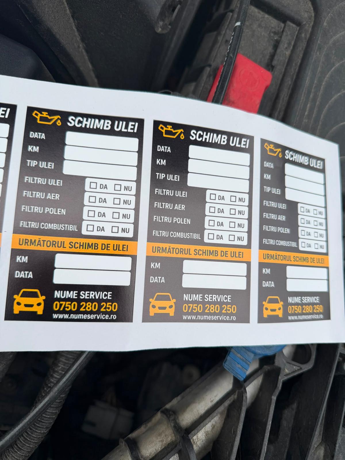 Etichetă Autocolantă/ Cartonată Personalizată 10x6 cm Schimb Ulei & Revizie Periodică – Service Auto