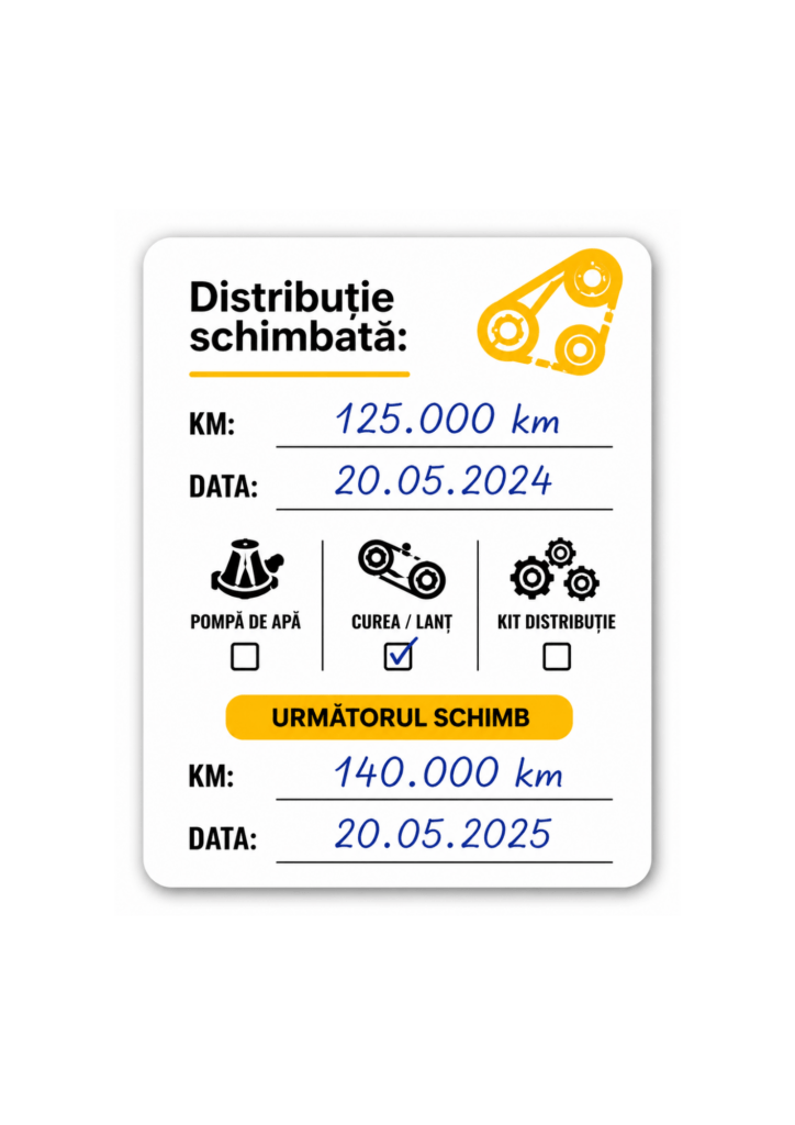Etichetă Autocolantă/ Cartonată pentru Evidența Schimbului de Distribuție – Service Auto