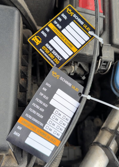 Etichetă Autocolantă/ Cartonată Personalizată 10x6 cm Schimb Ulei & Revizie Periodică – Service Auto